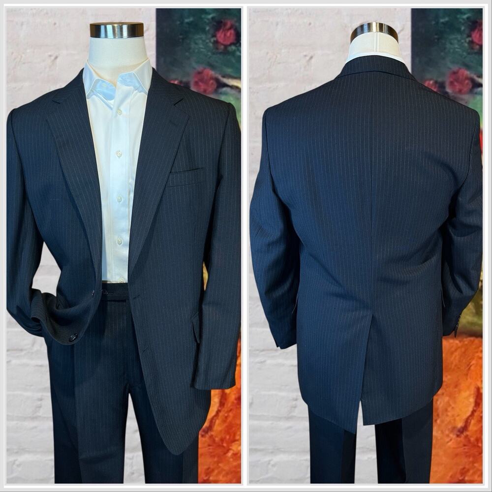 Vintage English Manor 42L 36x31 Navy Blue Pinstripe Suit Light Flannel Finish - Picture 2 of 16